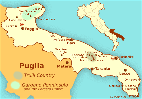 Puglia is located in the heel of Italy - south-east corner.