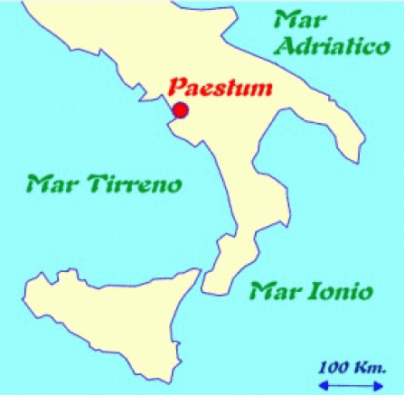 Paestum is located in Southern Italy just south of the Bay of Naples