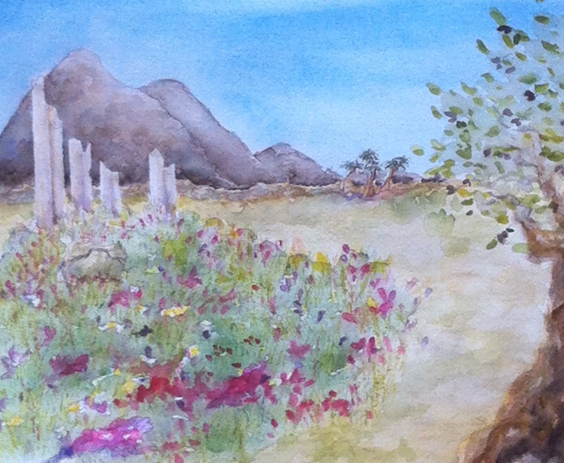 Mary Lou's water colour of 'Spring Flowers' in the desert inspired by a photo I took