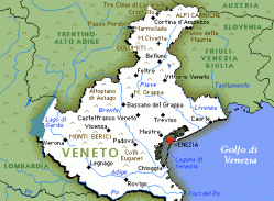 A Veneto Map - showing the Veneto region stretching to Austria in the north and Lake Garda in the west