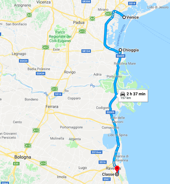 The route from Venezia to Chioggia and then on to Classe